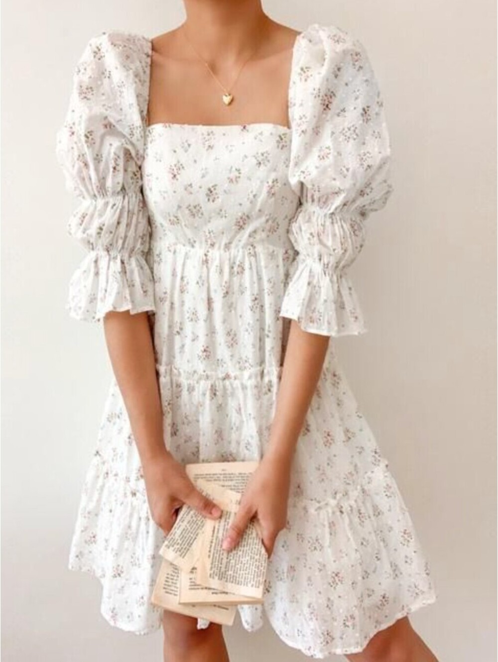Storia Found Love Floral Cottagecore Mini Dress Puff Sleeve Open Back White S